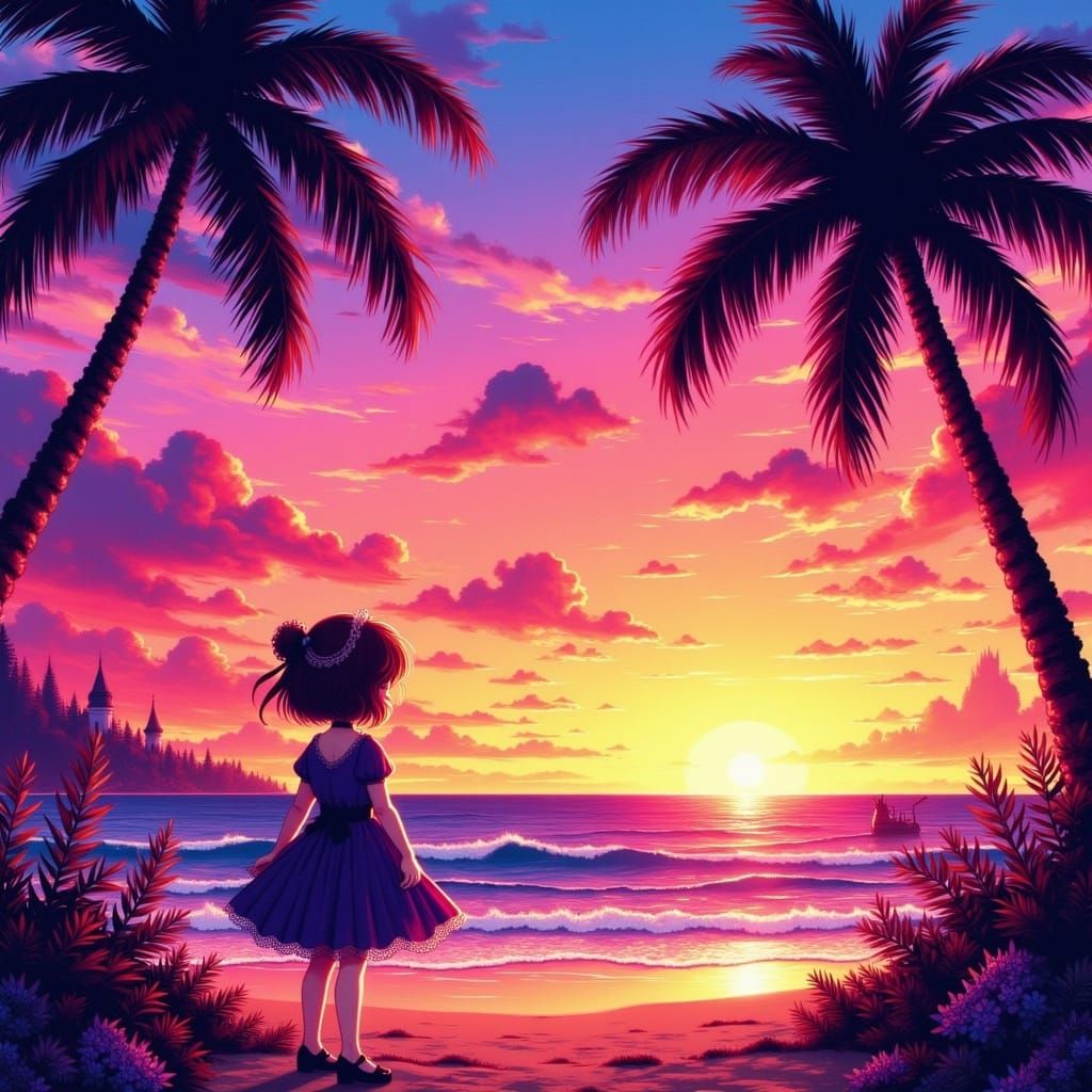 Cute Girl on Sunset Beach with Palm Trees