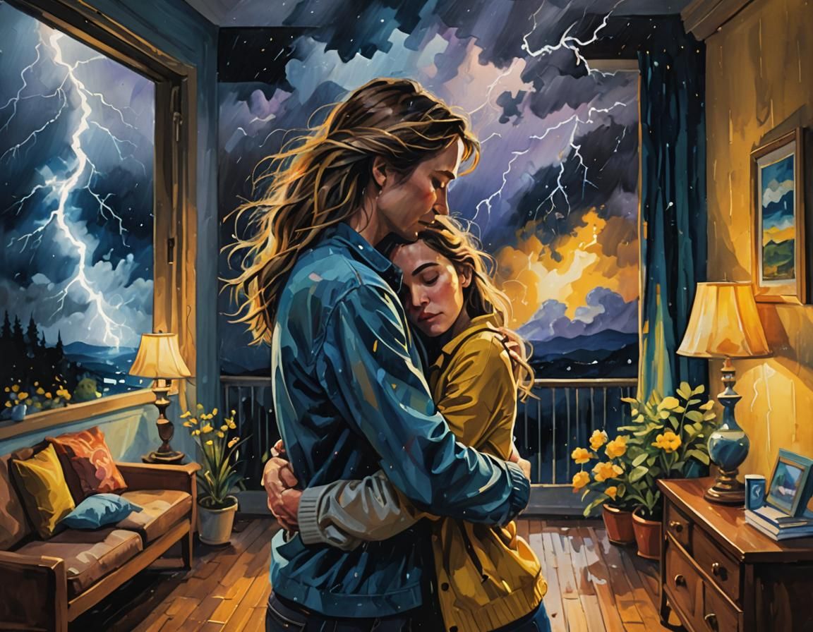 Cozy Embrace During a Storm: A Gouache Painting