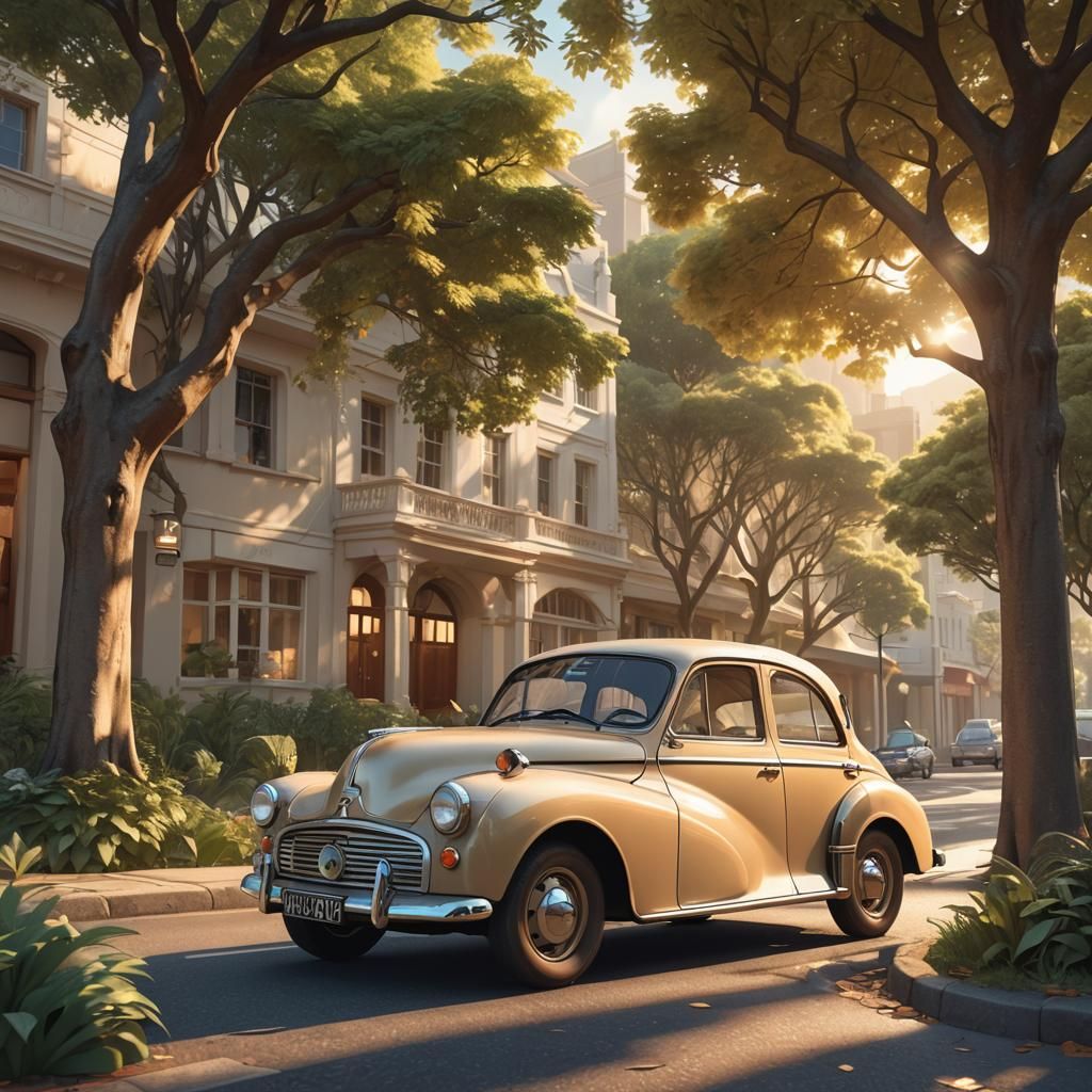 Vibrant Cape Town Street Scene with 1956 Morris Minor in War...