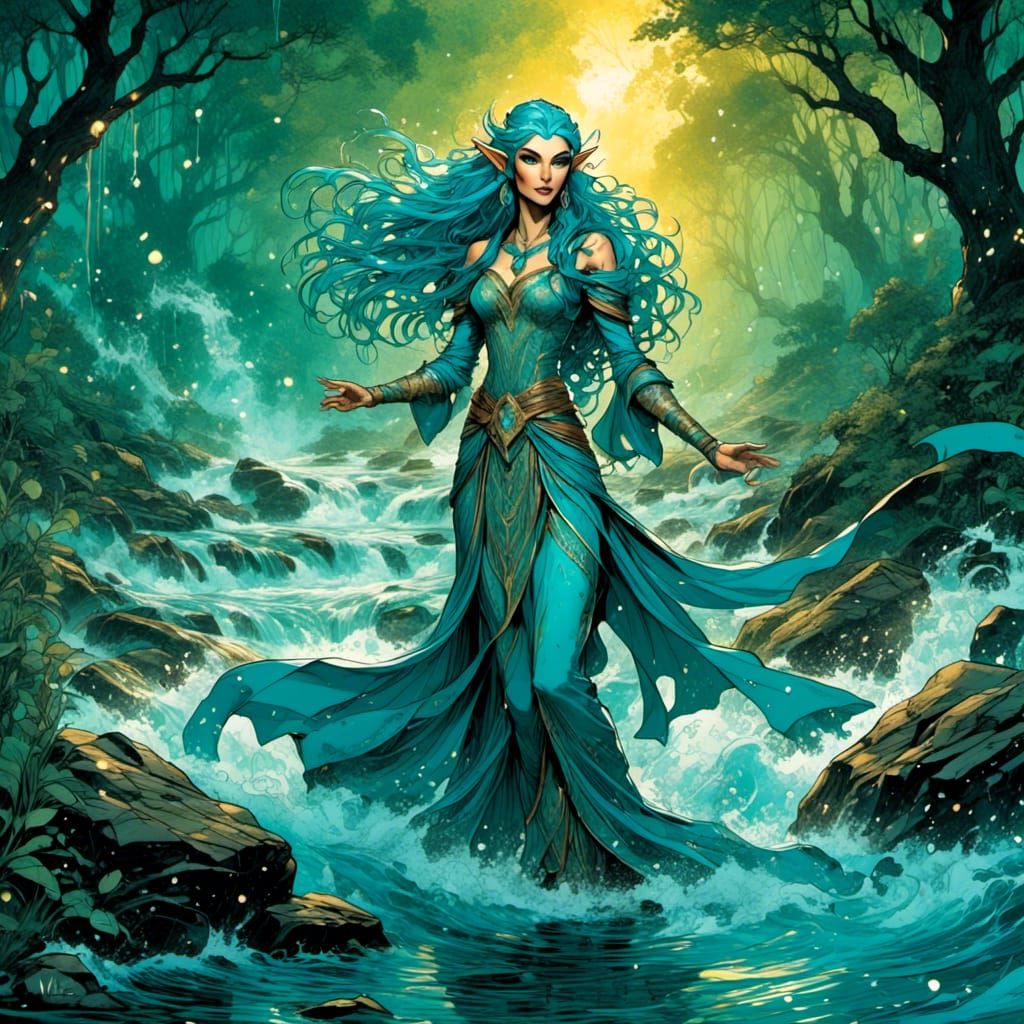 Aquatic Elf Sorceress in Ink and Acrylic Style