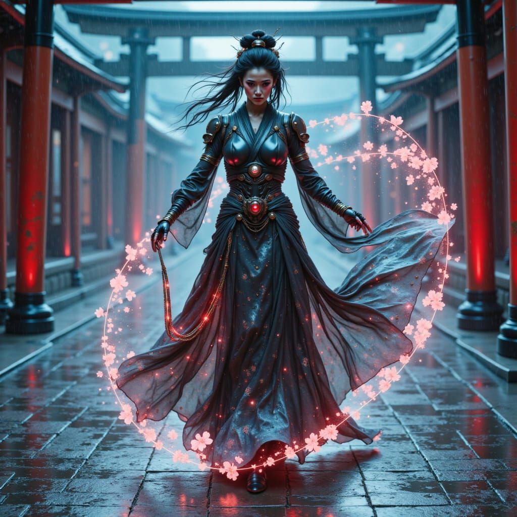 Cyber-Geisha Performance in Futuristic Kyoto Theatre