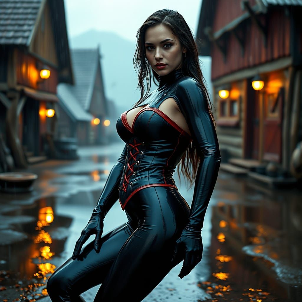 Elegant Viking Warrior in High-Gloss Black Latex