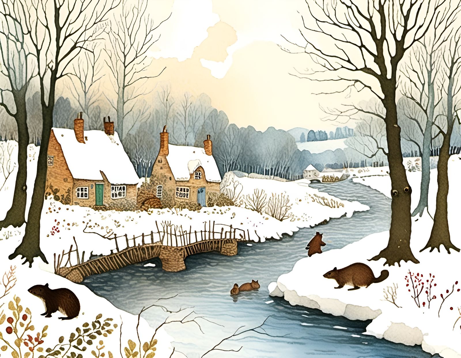 Whimsical Winter River Scene in Watercolour Style
