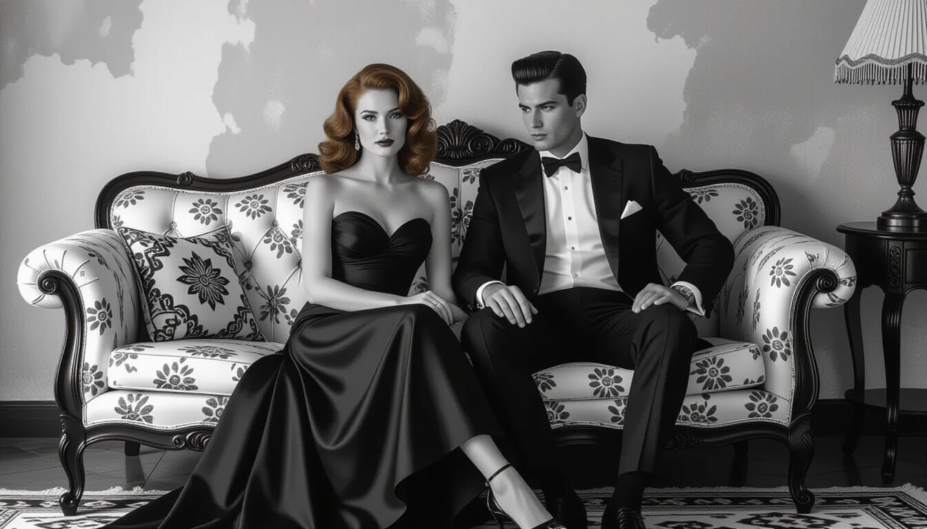 Elegant Couple on Vintage Couch in High-Contrast B&W