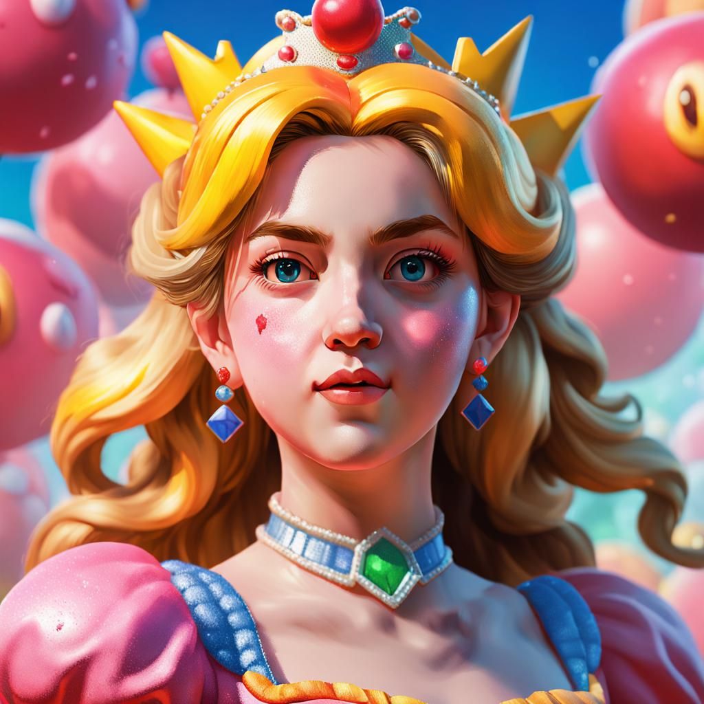 Pixelated Princess Peach in Hyperrealistic Splash Art