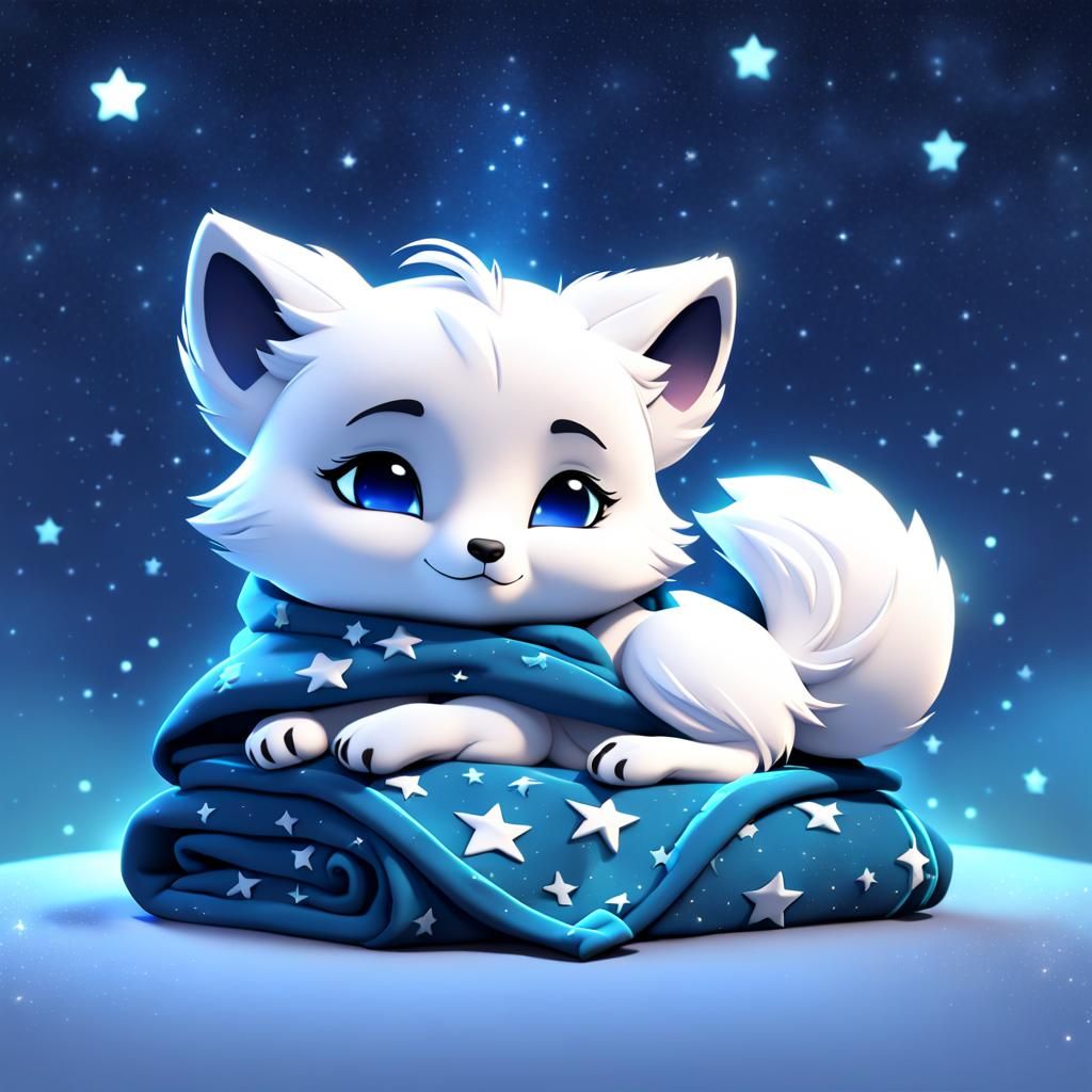 Cute Chibi Arctic Fox Cuddling Star in Bed