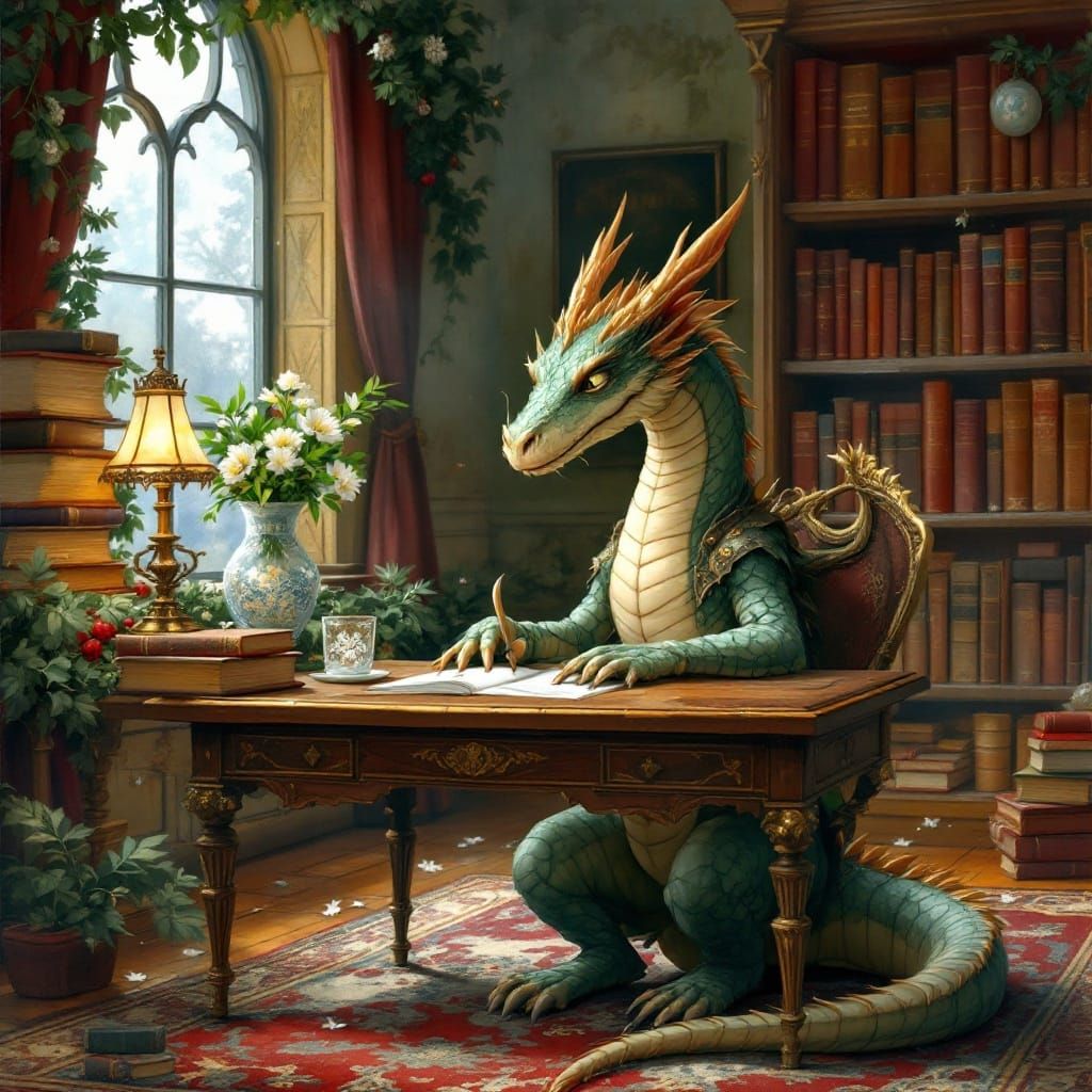Cozy Library Dragon with Leather Scales and Golden Accents