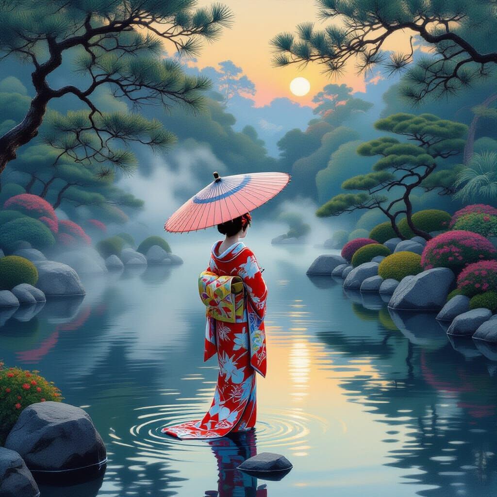 Geisha in Misty Japanese Garden at Dawn, Impressionist Style