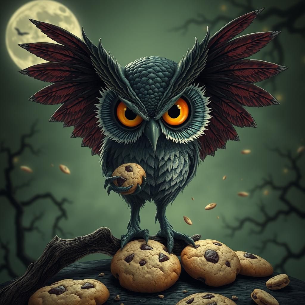 Surreal Owl Eats Cookies in Tim Burton Style