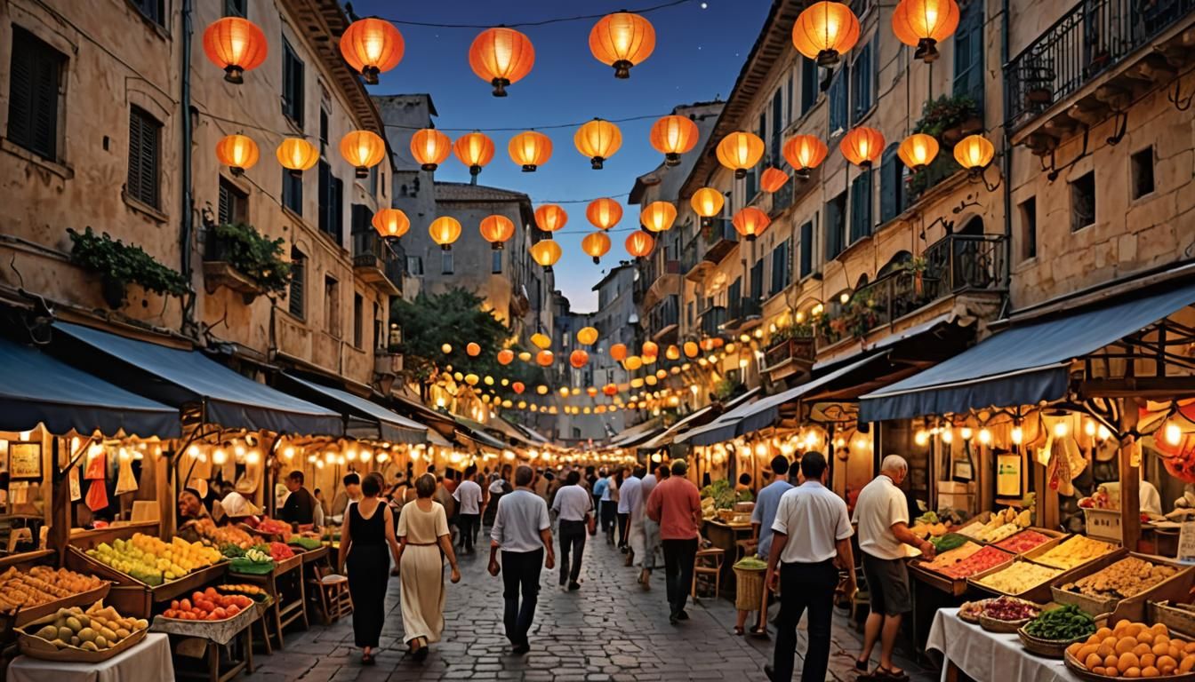 Bustling Mediterranean Street Market at Twilight