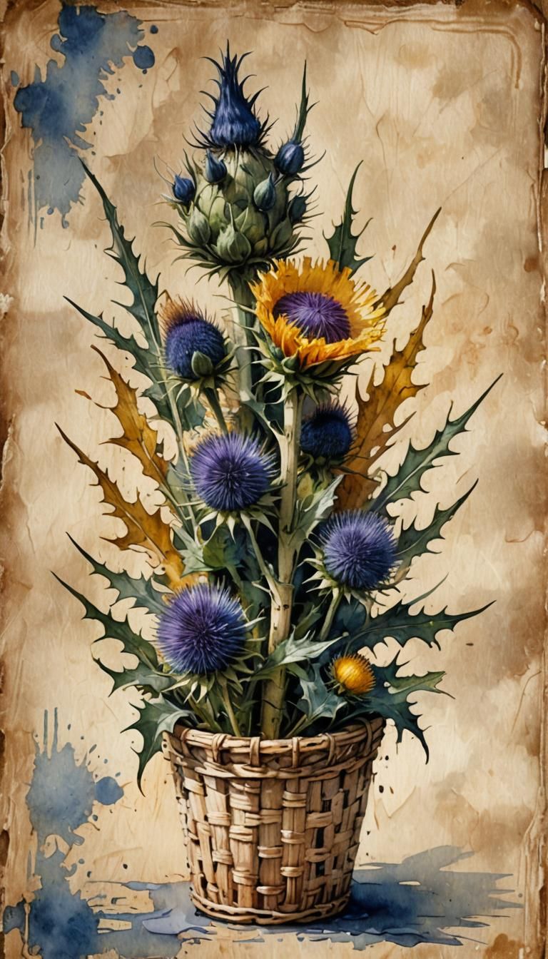 Watercolor Bouquet of Thistle and Wildflowers