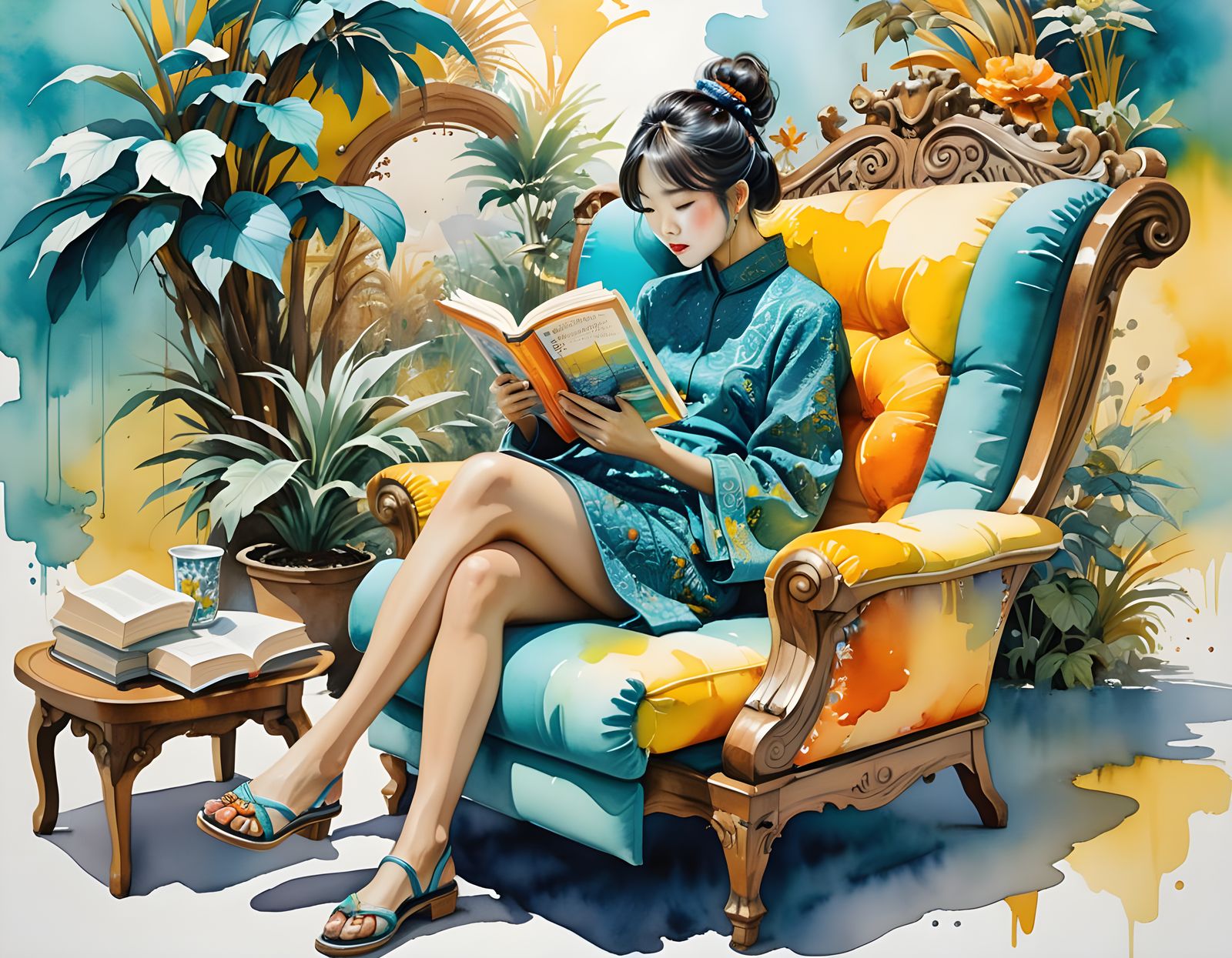 Watercolor Painting of Reader in Dreamlike Setting