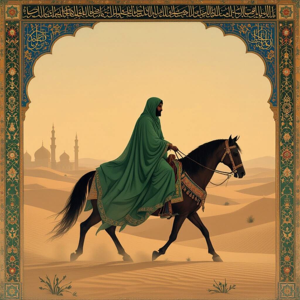 Green Rider in Karbala Desert: Persian Miniature Style
