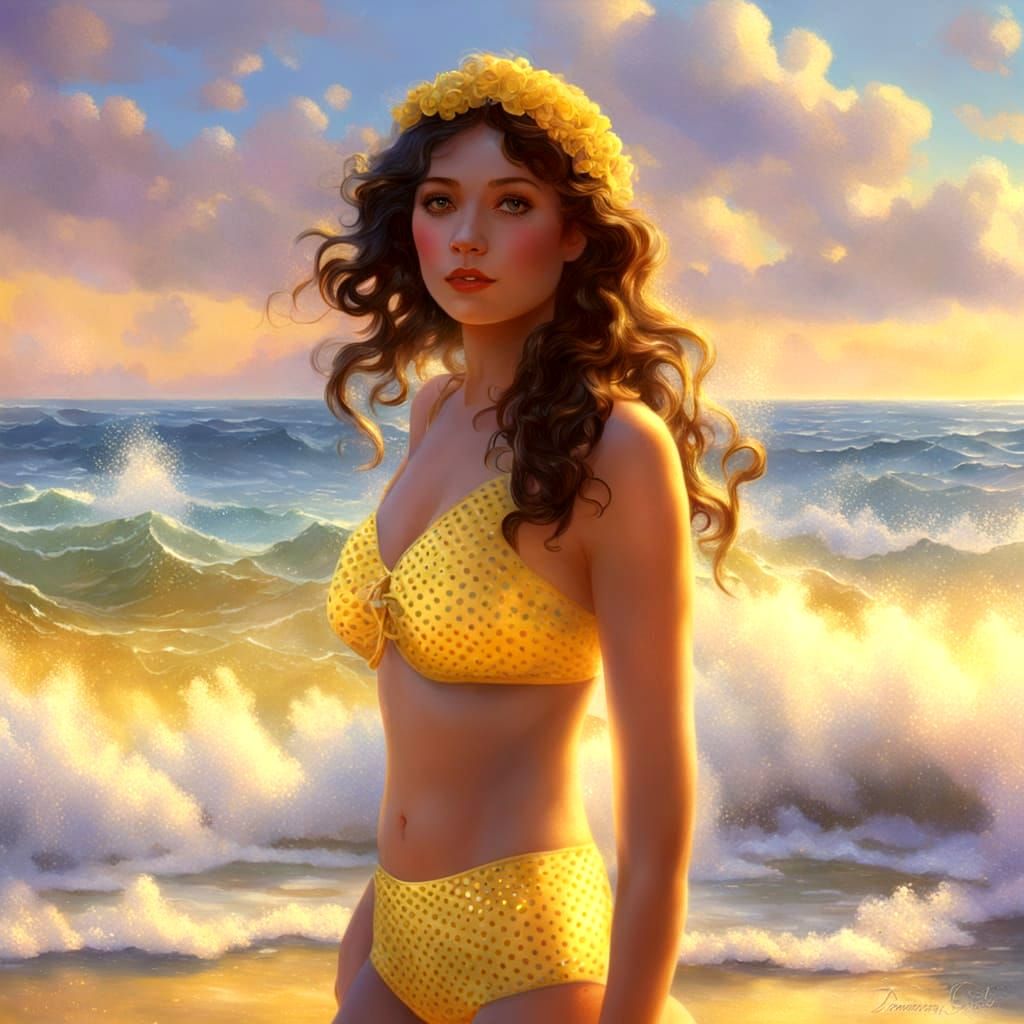 Brunette in Polka Dot Bikini on Beach