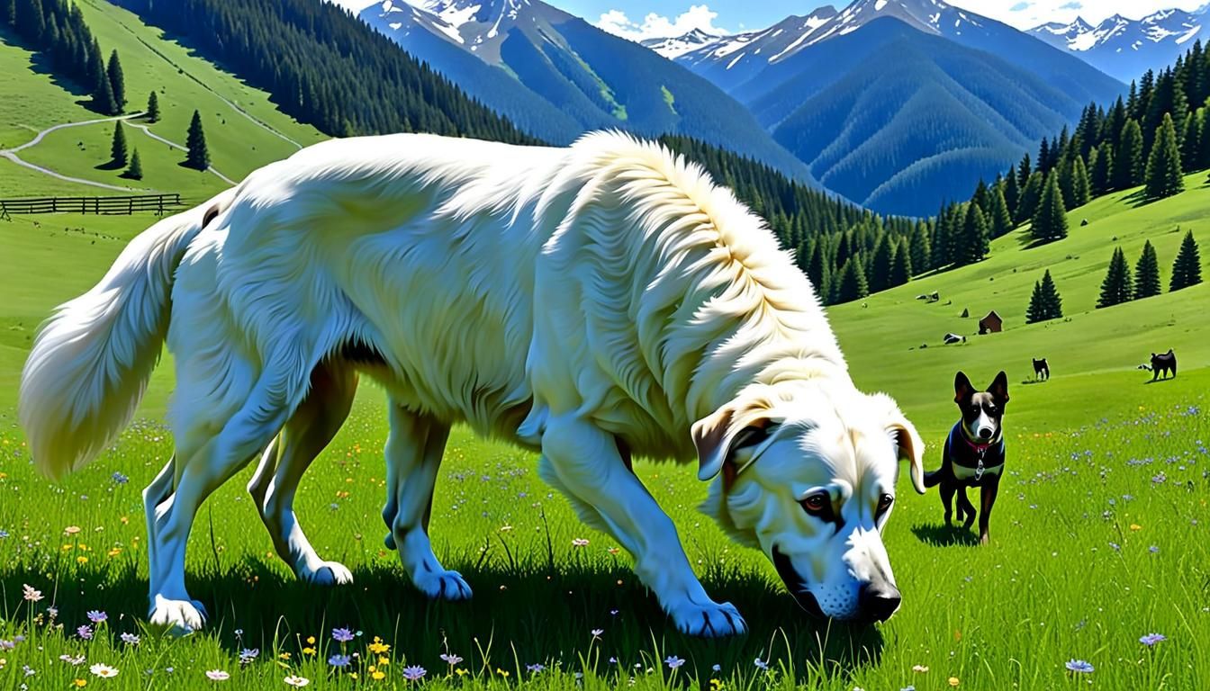Surreal Dog-Human Gathering in Mountain Meadow