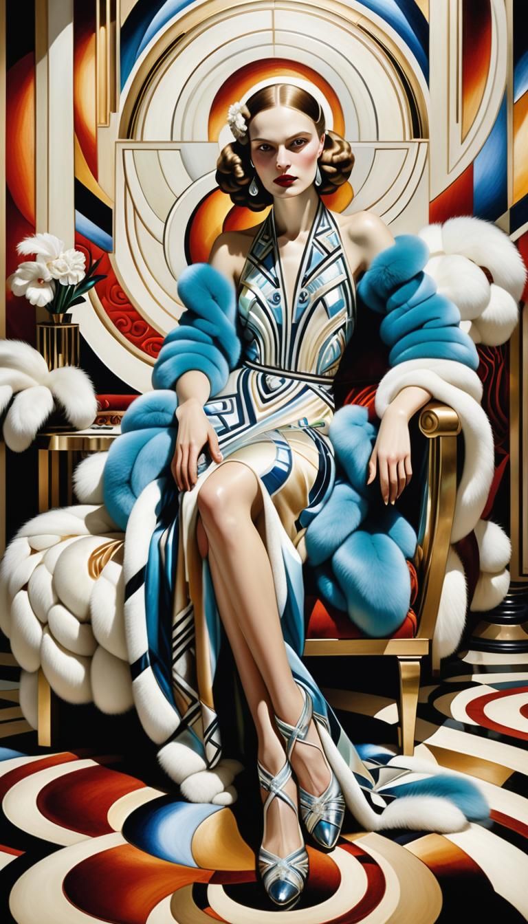 Art Deco Woman in Embroidered Fur Portrait