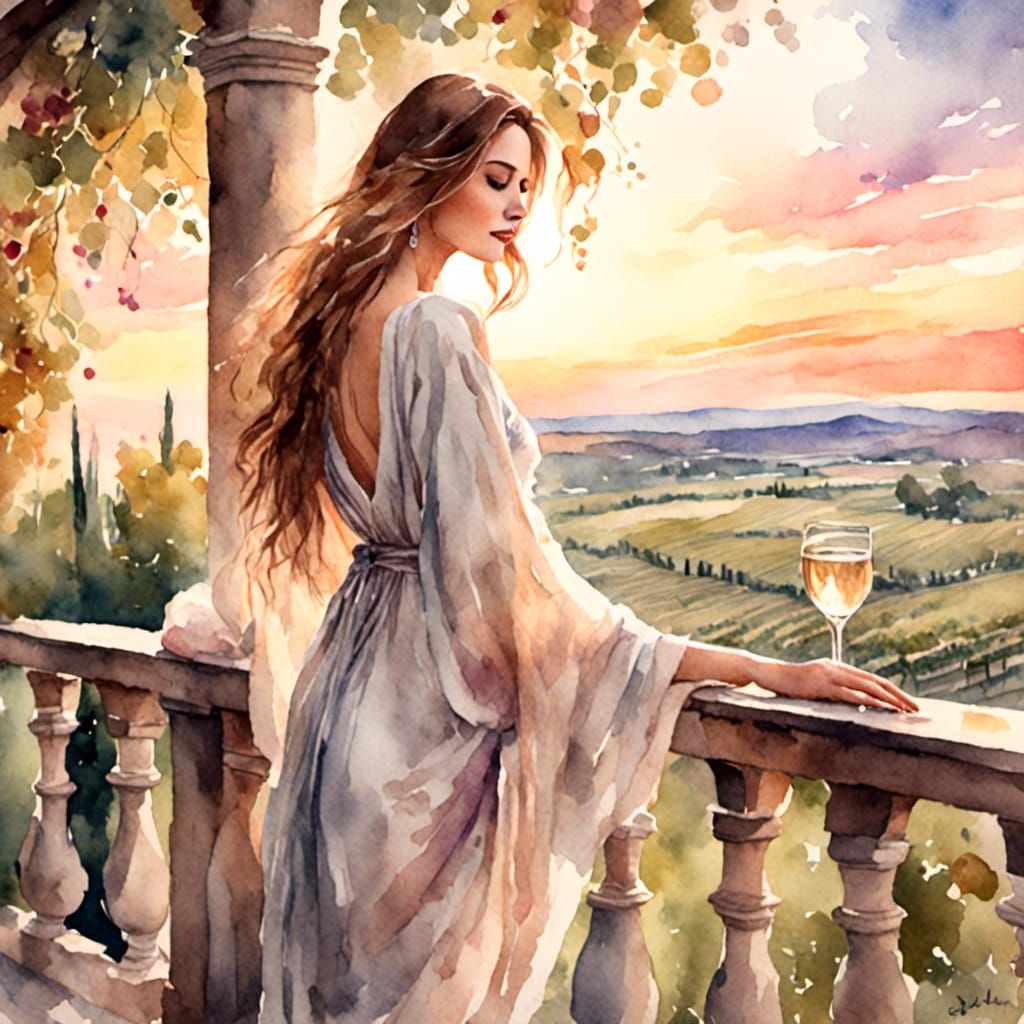 Woman on Balcony at Vineyard Sunset, Antique Watercolor