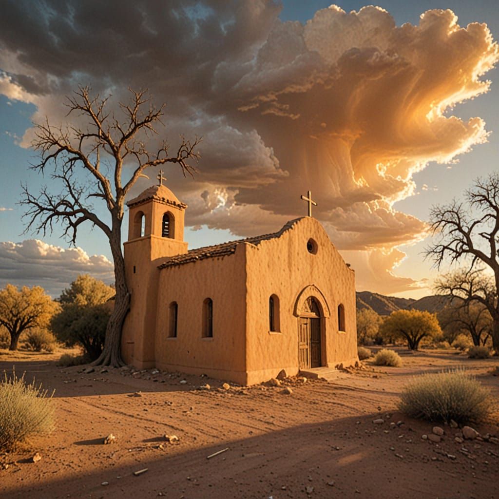 Abandoned Adobe Chapel in New Mexico, Golden Light