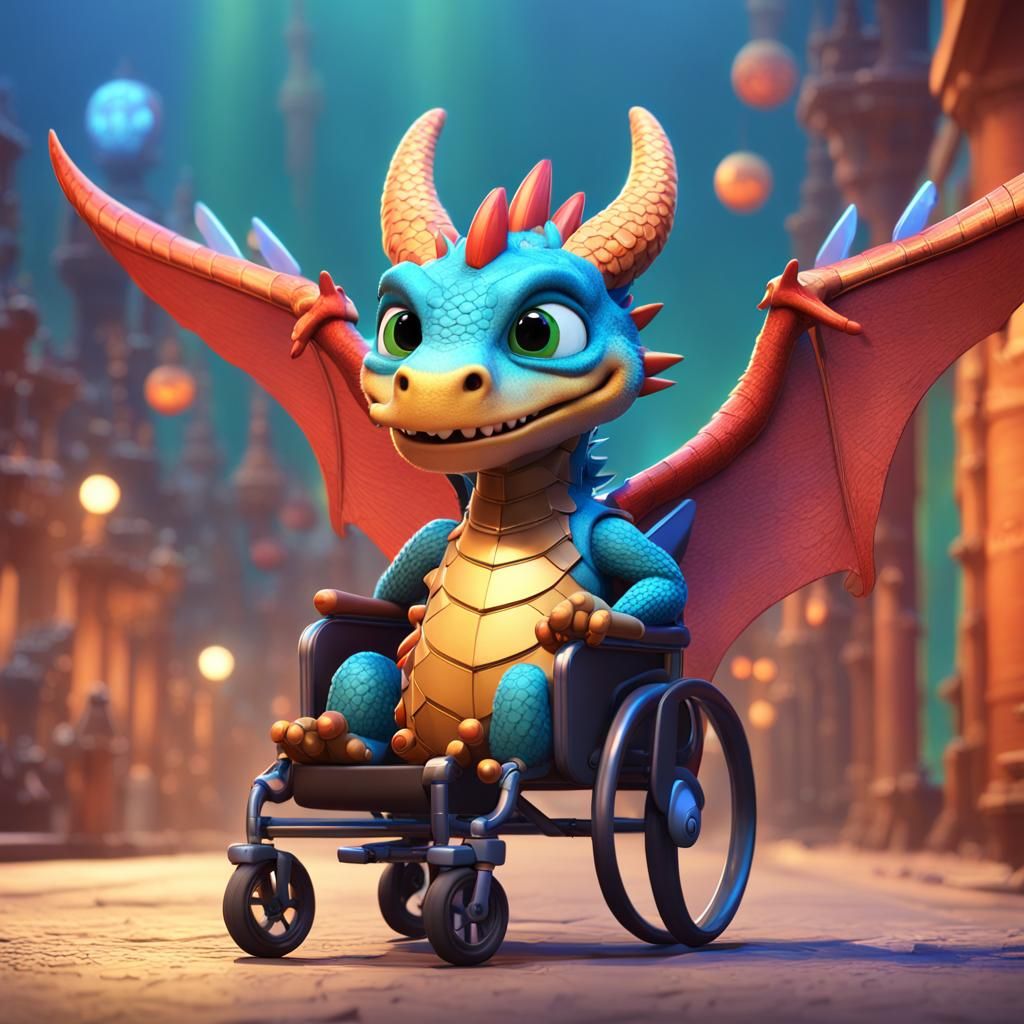 Dragon in Wheelchair: Pixar-Style 3D Digital Art