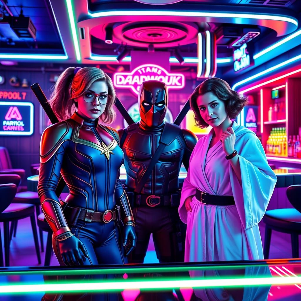 Captain Marvel, Leia, and Deadpool in Synthwave Bar
