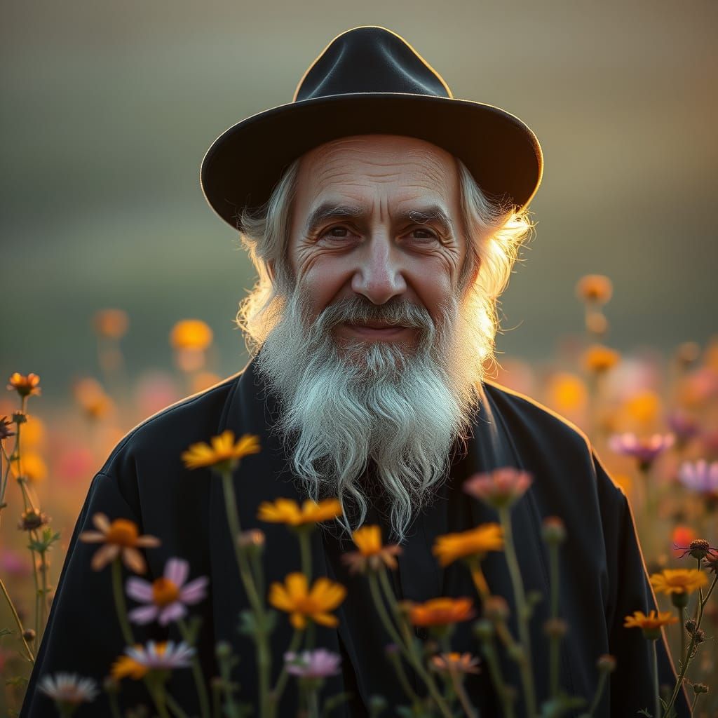 Elderly Hasidic Man in Field of Wildflowers, Vintage Style