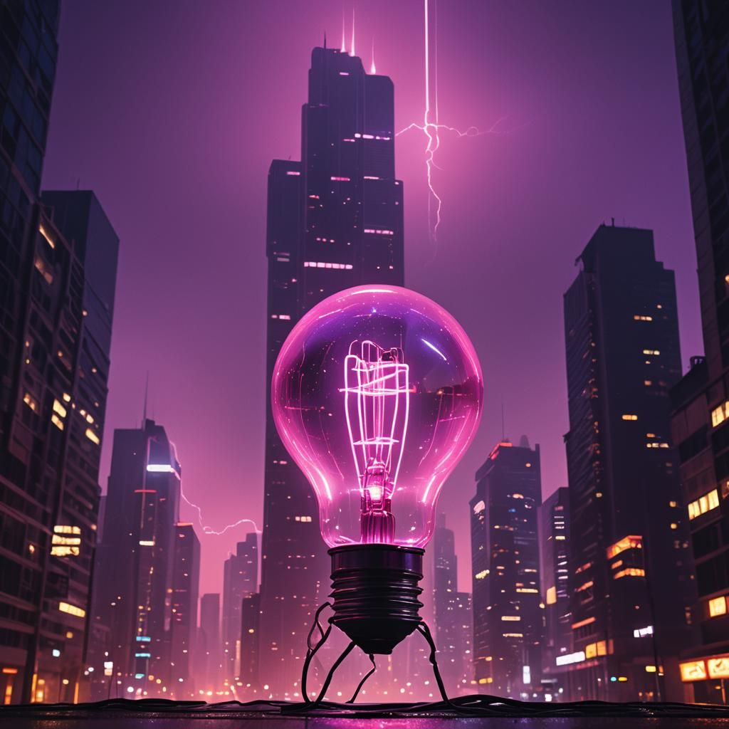 Neon Light Bulb Descends on Cyberpunk City