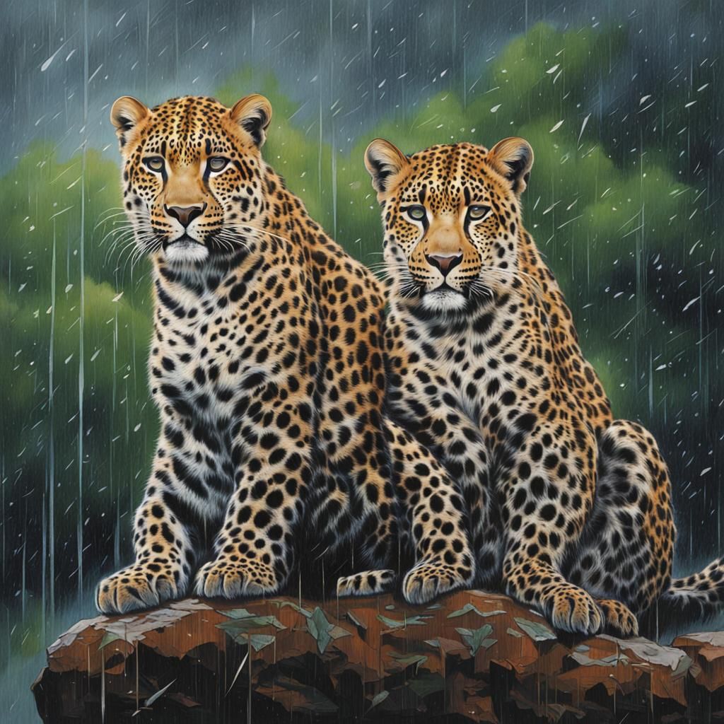 Leopards Enduring a Rainstorm in the Wild