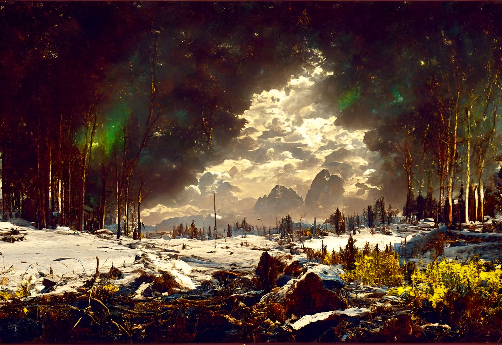 Post-Apocalyptic Winter Landscape with Aurora