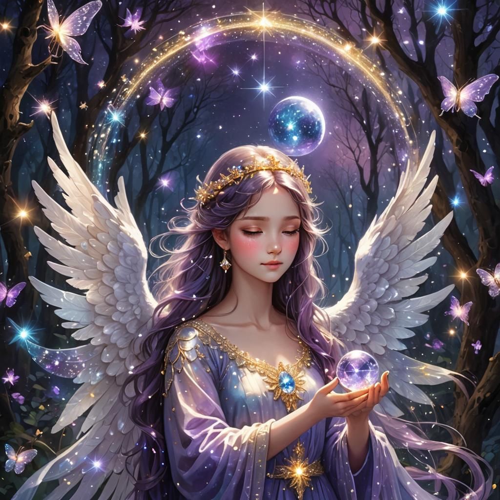 Magical Angel in Crystal Dome with Diamond Moon