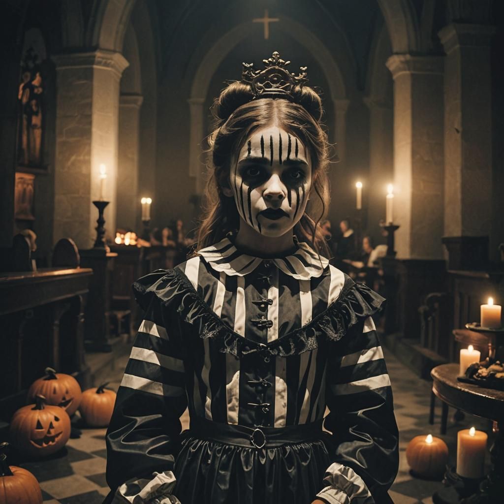 Eerie Halloween Church Party with Girl in Striped Costume