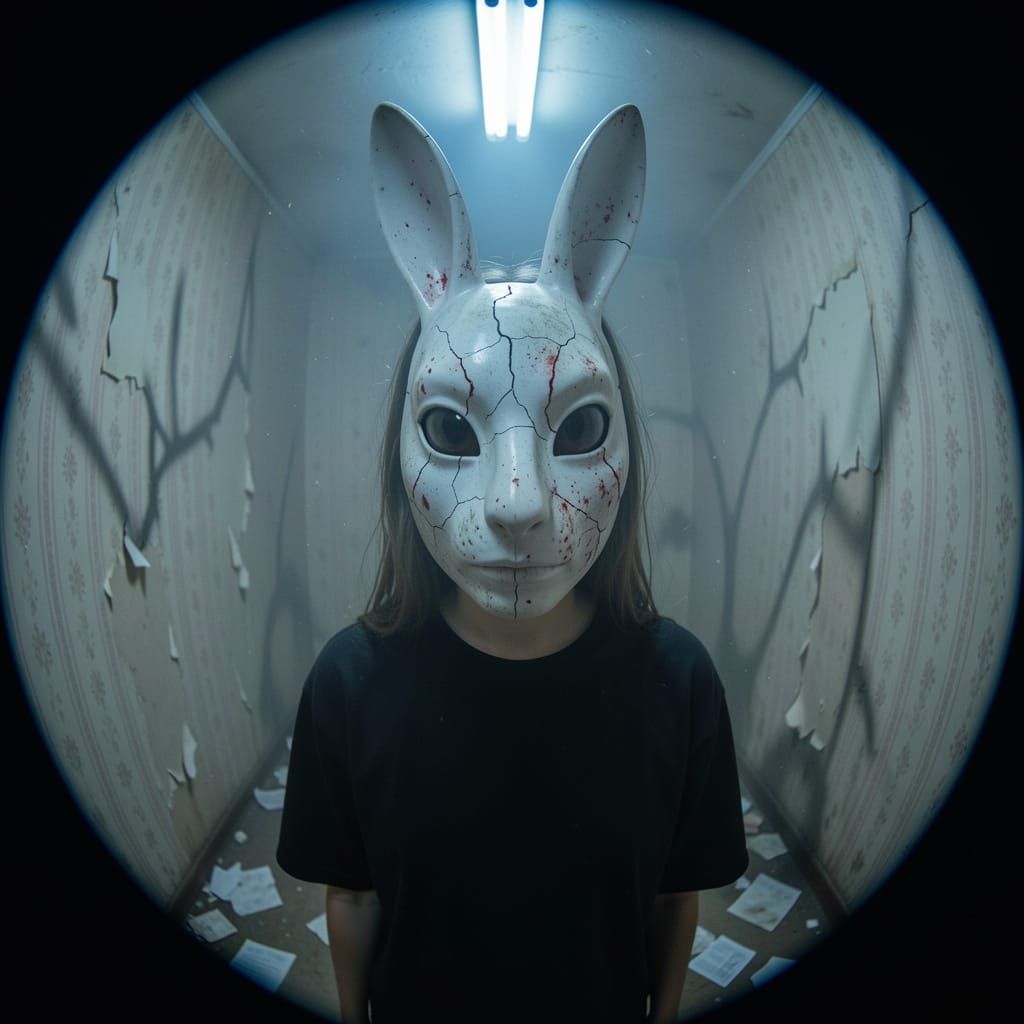 Girl in Bunny Mask in Grimy Room, Fisheye Horror Photo