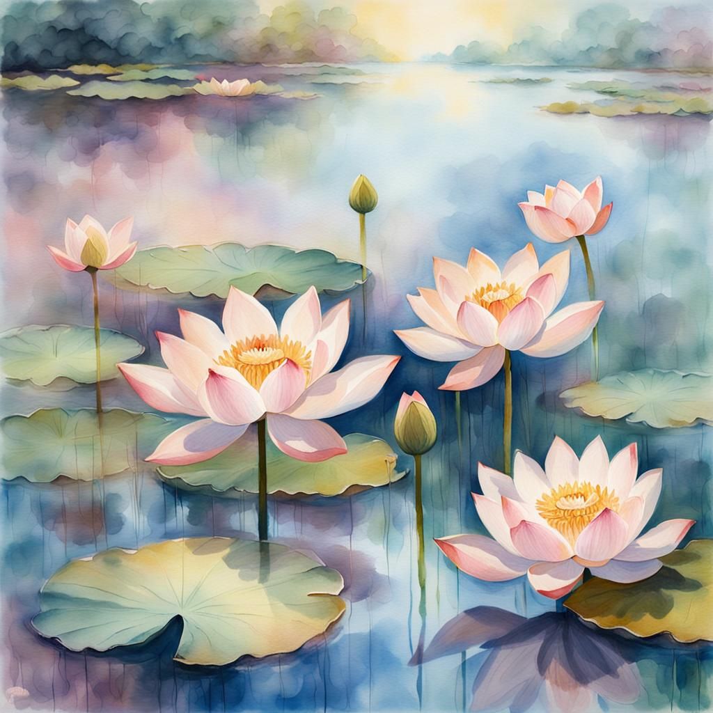 Dreamy Impressionist Lotus Pond in Watercolor Style