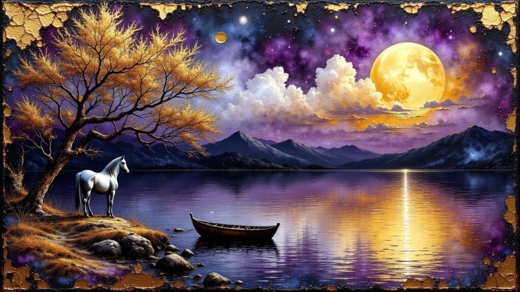 Horse by Moonlit Lake in Textured Gold Painting