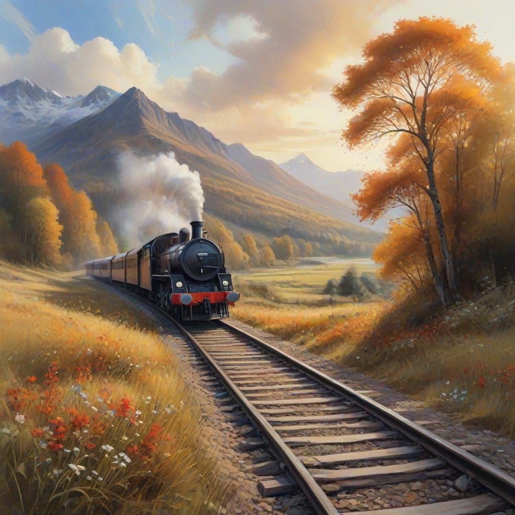 Vintage Train Crosses Countryside Tracks at Sunrise