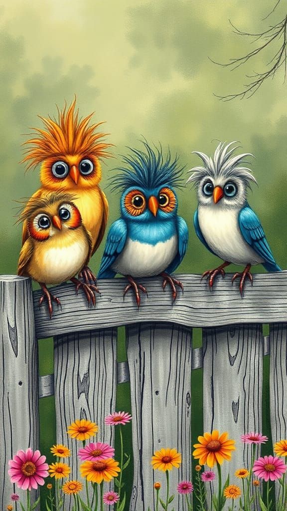 Sketch-style illustration of a whimsical, eccentric birds perched on an old wooden fence. Each bird has its own unique p...
