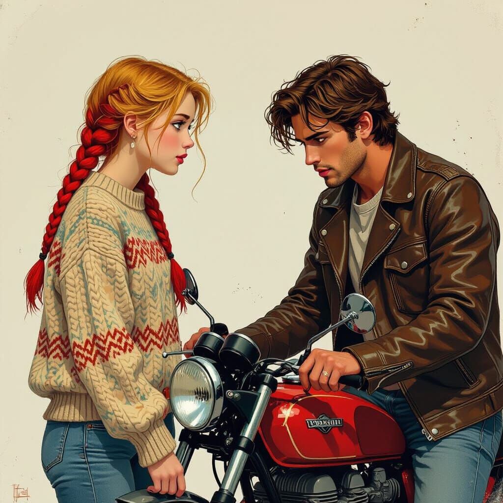 Teenage Girl Gazing at Man Working on Motorbike