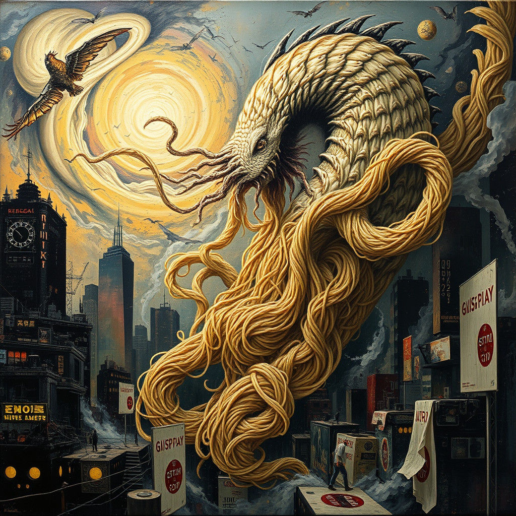 Noodle Monster Ravages City in Impasto Style