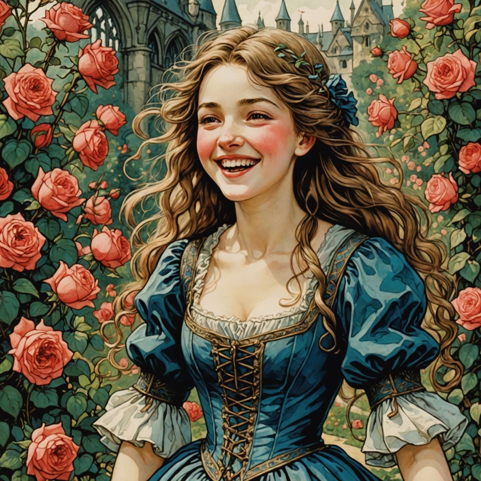Laughing Girl in Medieval Rose Garden, Anime Style