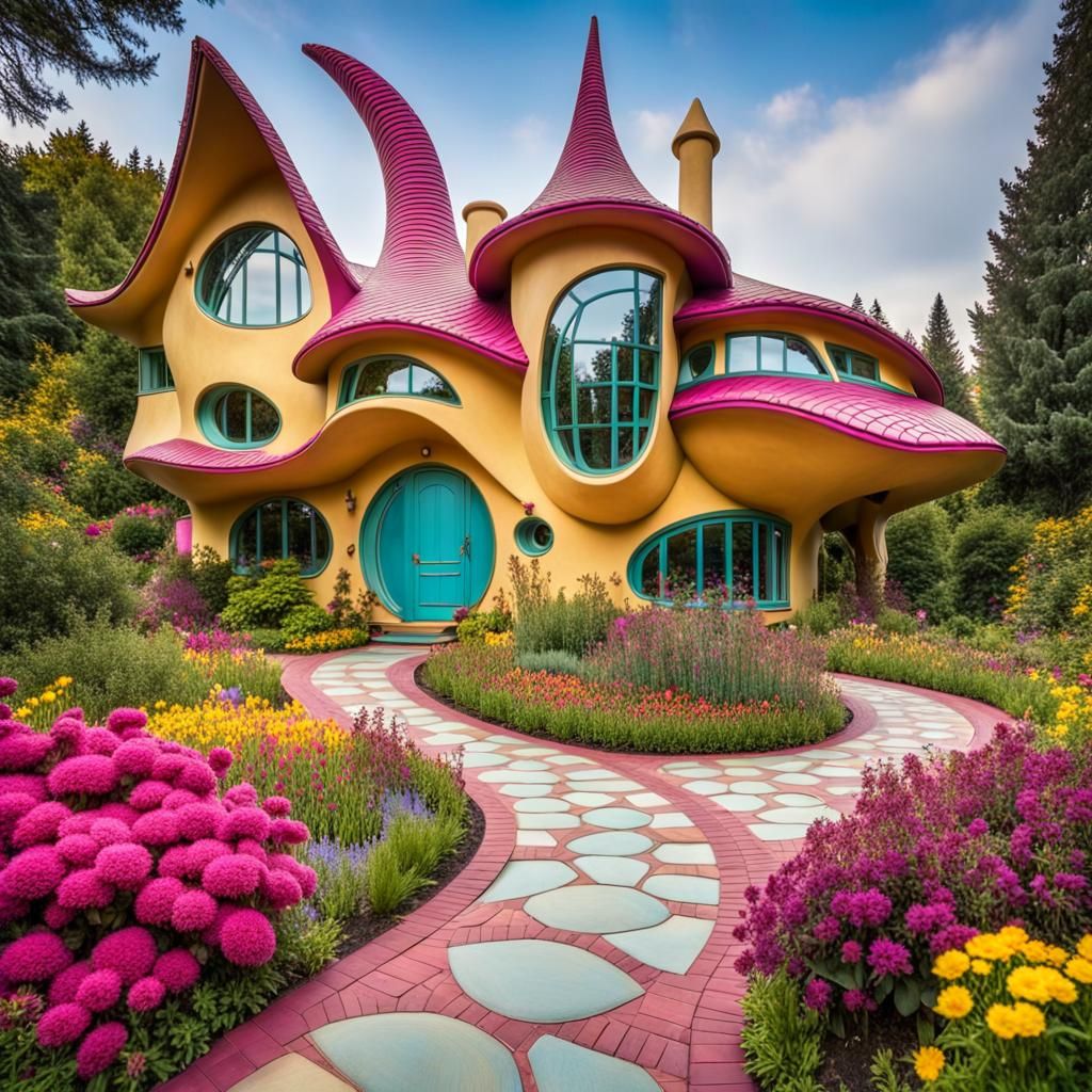 Whimsical House Exterior with Surreal Garden, Professional P...