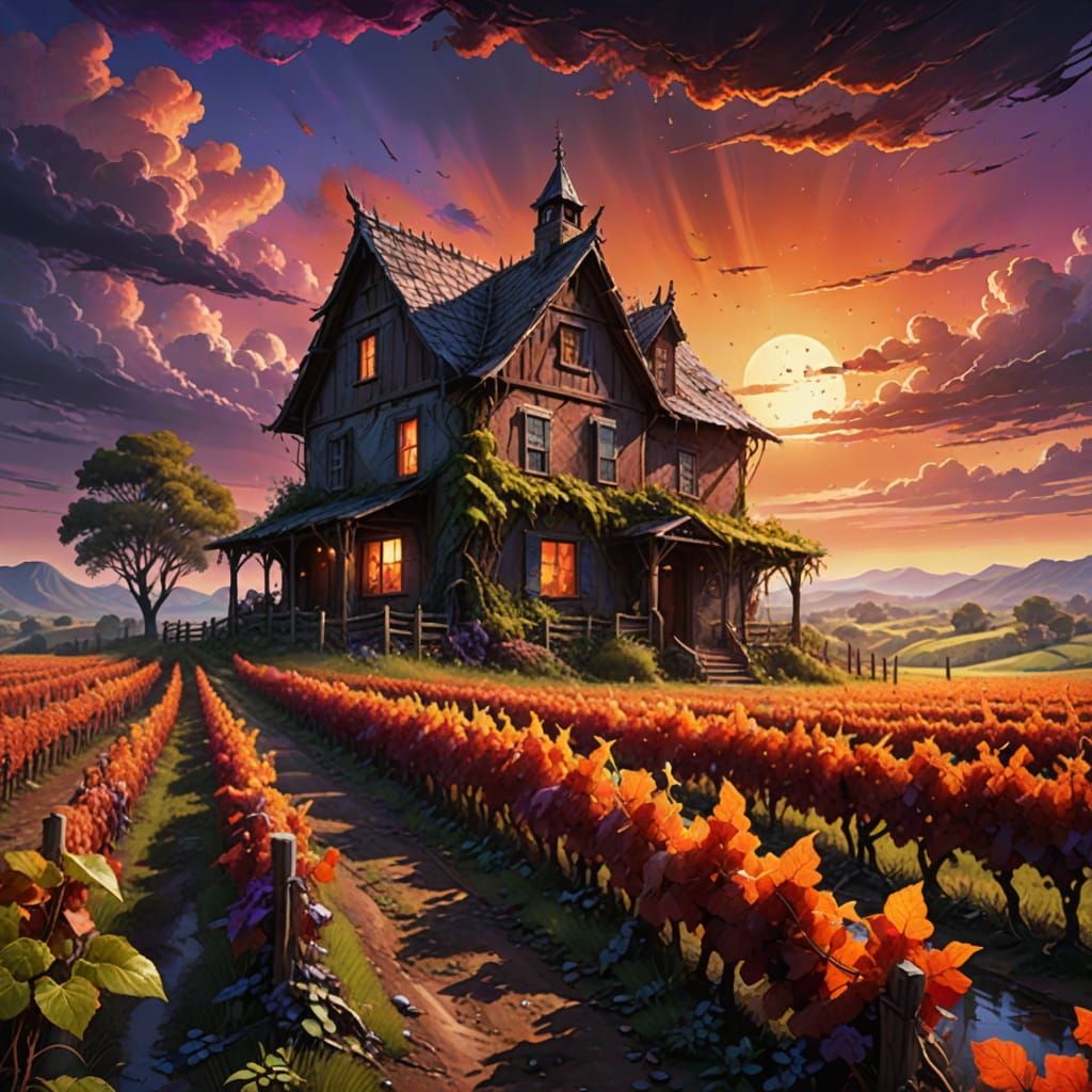 Dripping Paint Vineyard Landscape at Sunset