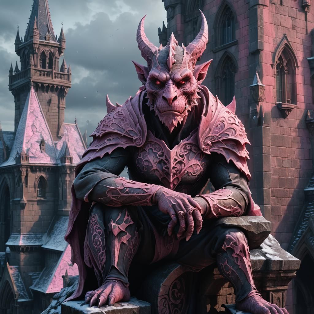 Pink Gargoyle on Gothic Spire in Fantasy Art
