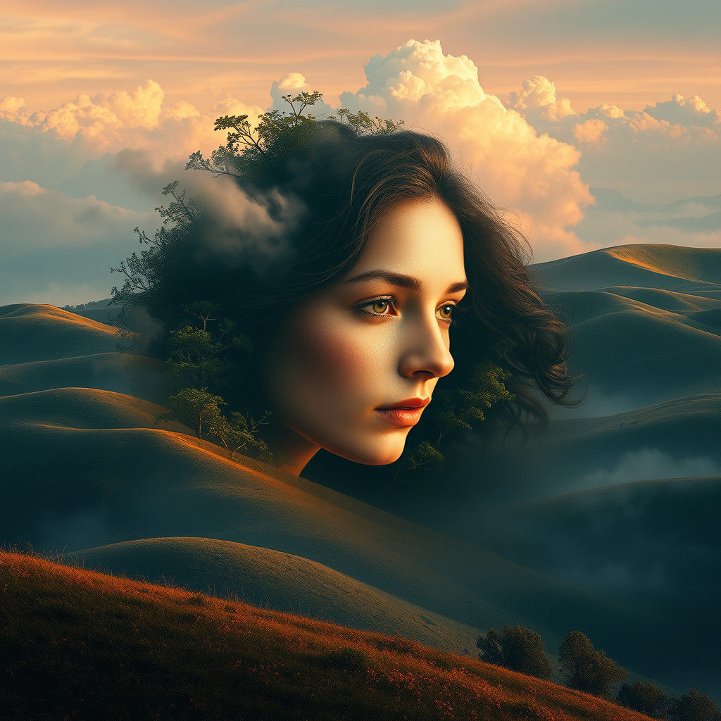Ethereal Face Emerges from Rolling Hills in Matte Painting