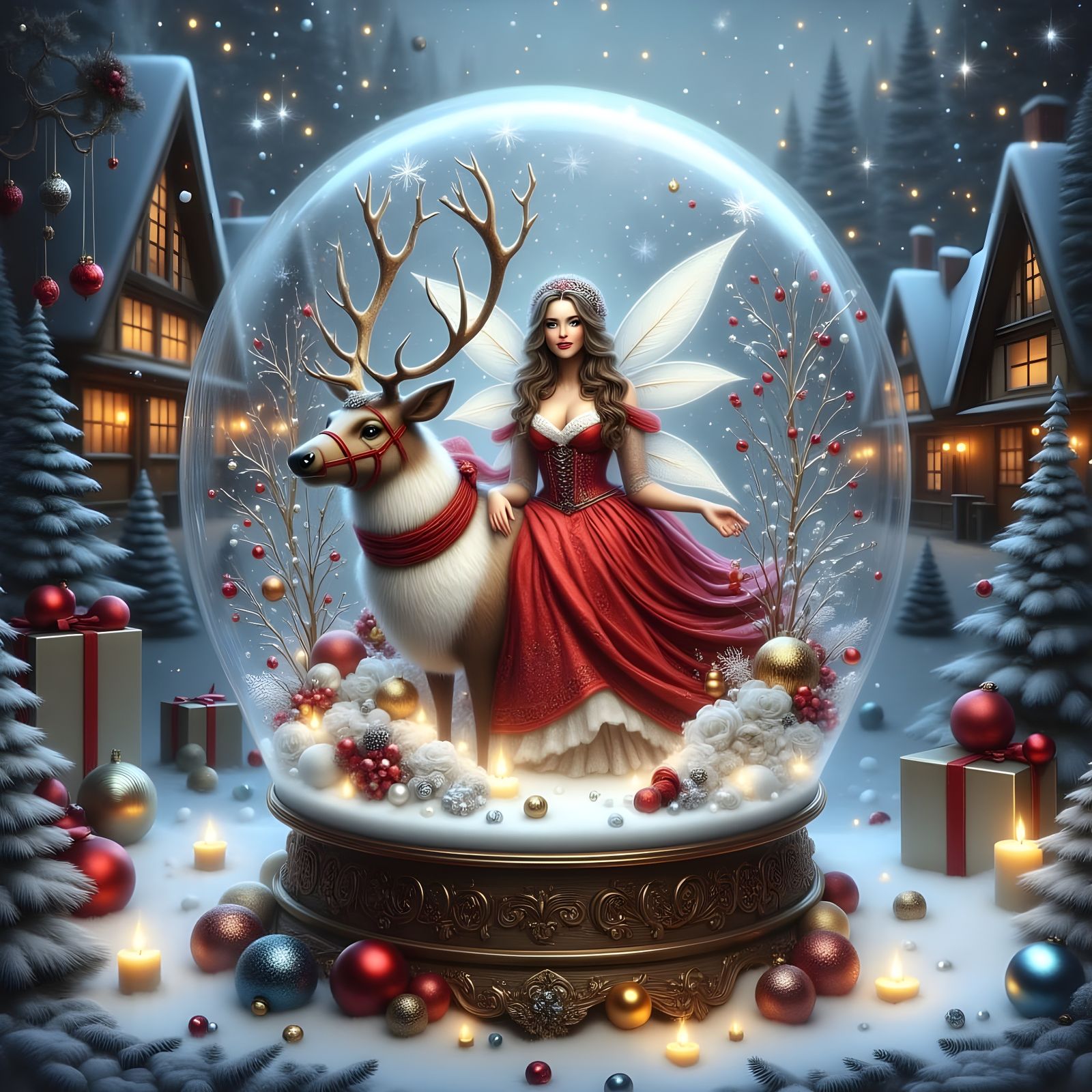 Dreamy Snow Globe with Reindeer and Woman