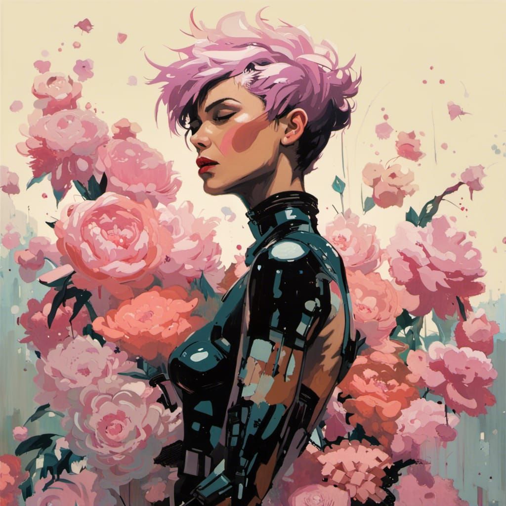 Punk Cyborg Woman in Floral Cyberpunk Oil Painting