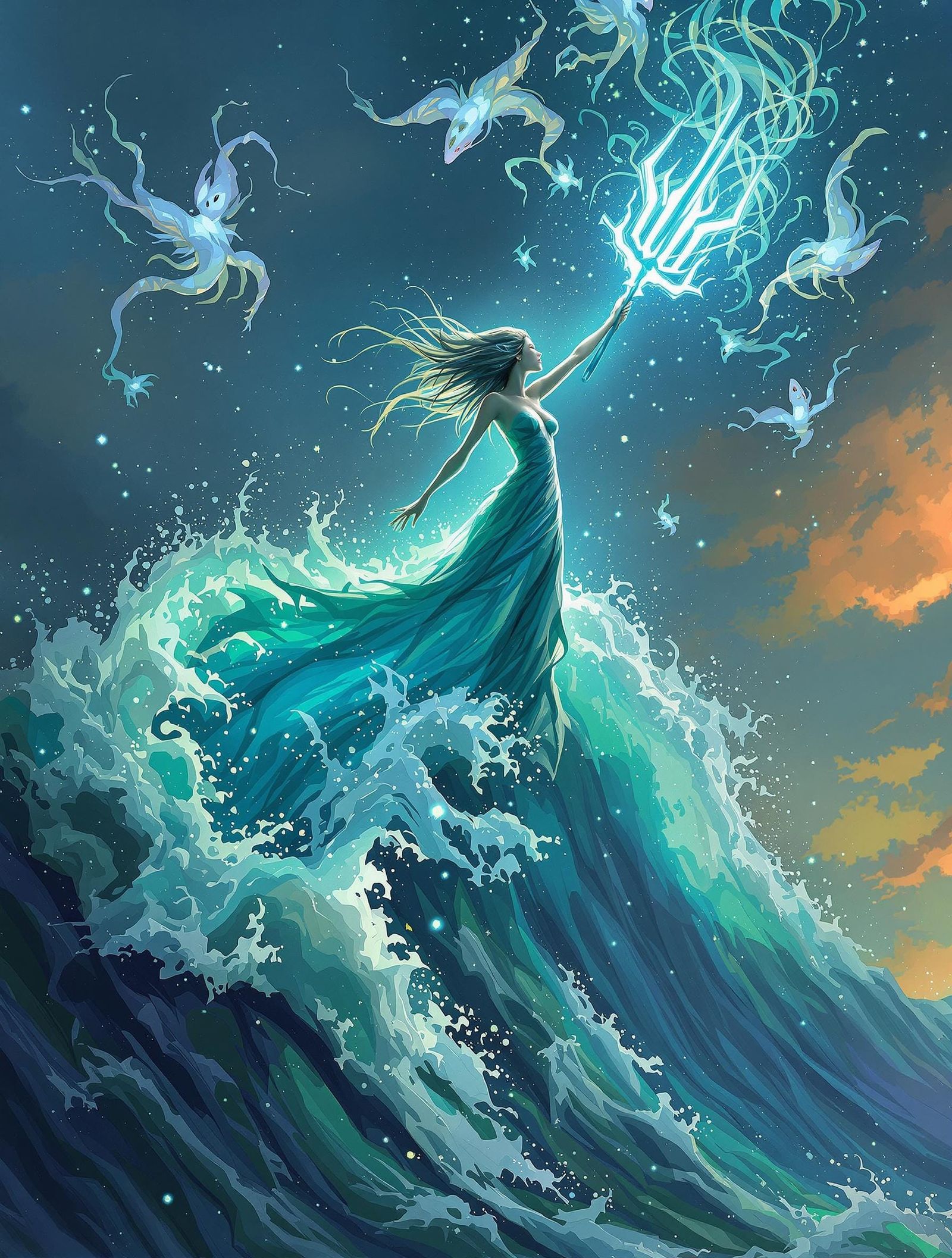 Sea Sorceress Summons Spectral Creatures in Digital Painting