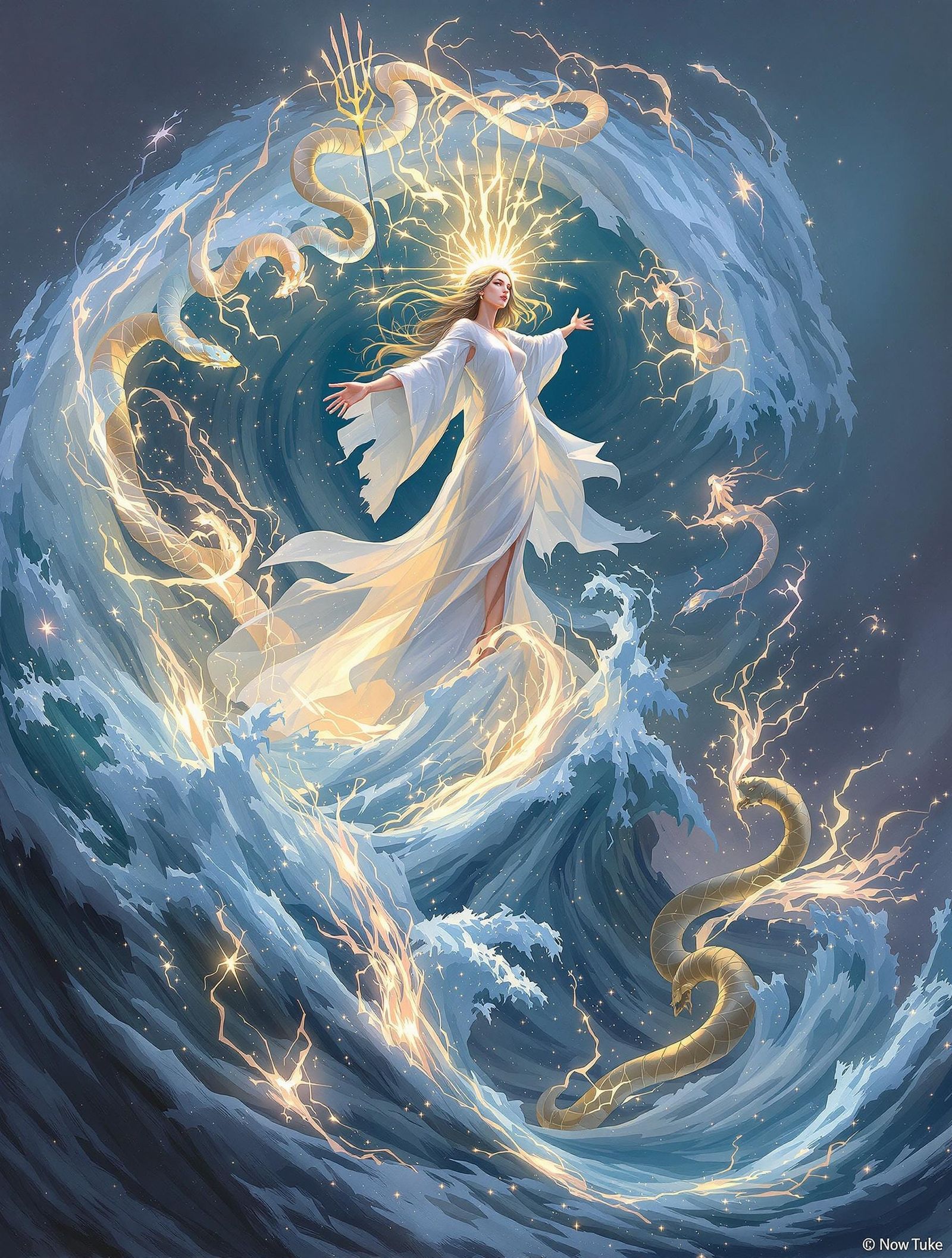 Sea Sorceress Wielding Trident on Colossal Wave
