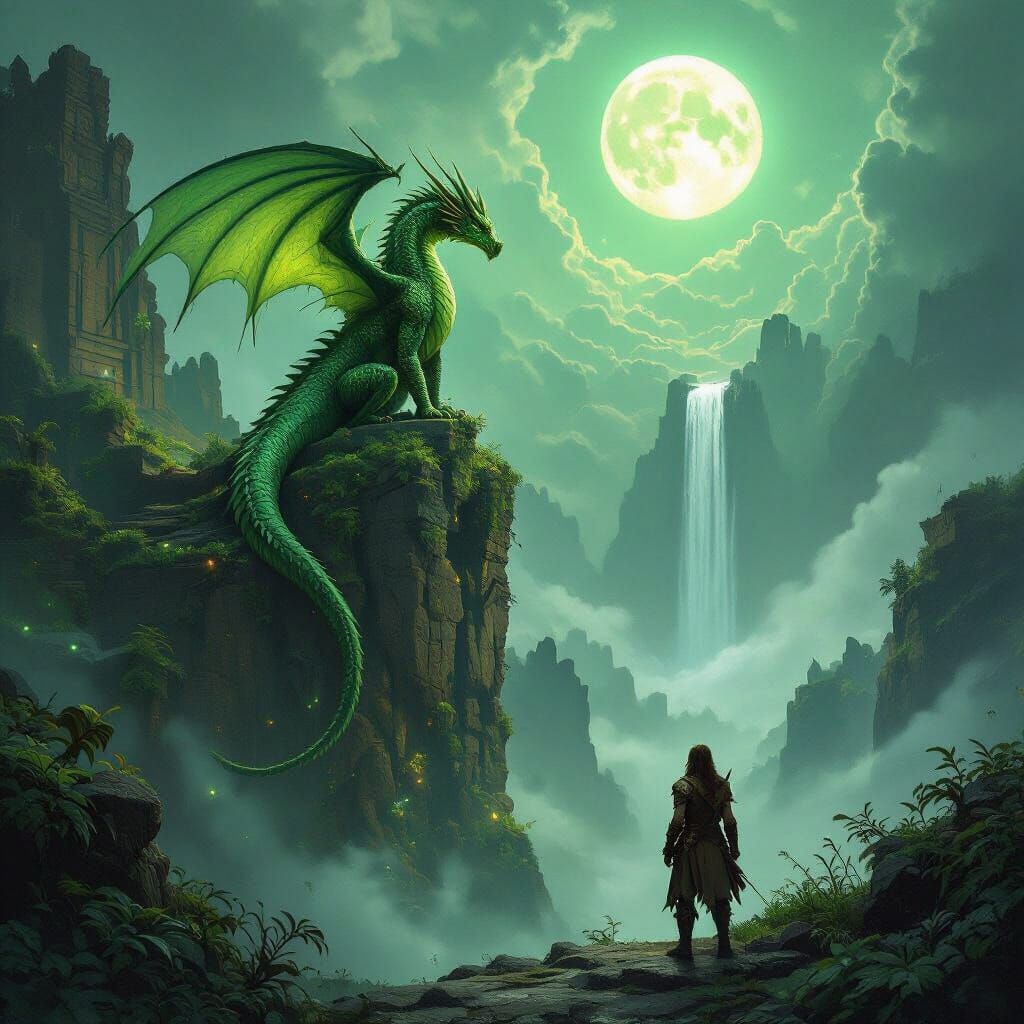 Dragon on Ancient Ruin in Misty Swamp