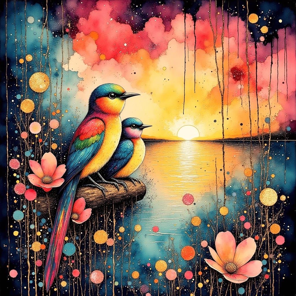Colorful Birds in Surreal Outer Space Sunset
