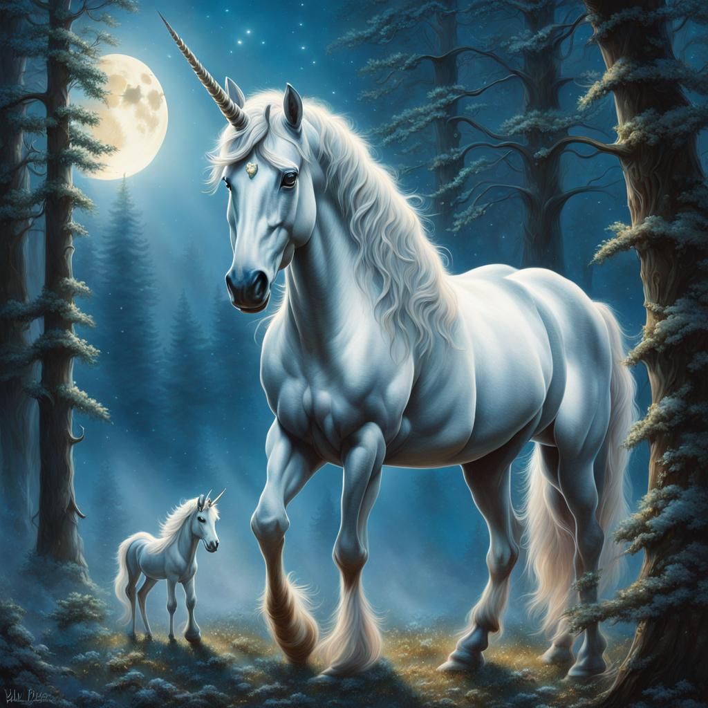 Unicorn in Moonlit Forest: Hyper-Realistic Airbrush Art