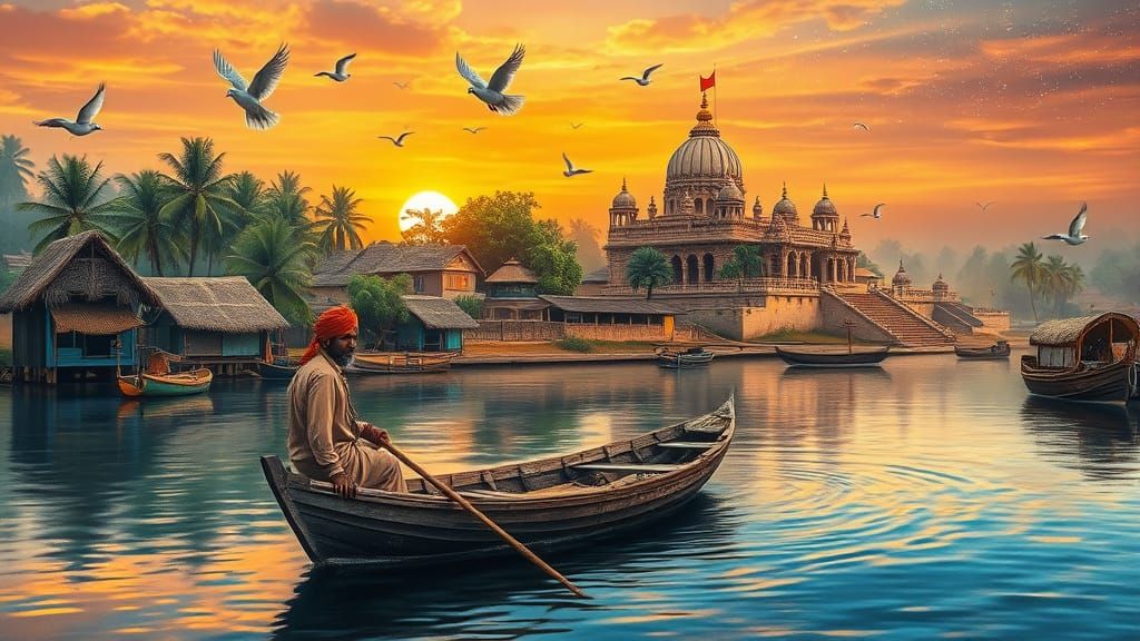 Serene Bengali Sunset with Traditional Sailboat